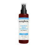 Soapbox flexible hold hairspray in dark amber bottle with black spray pump and white label, 8 fl oz size.