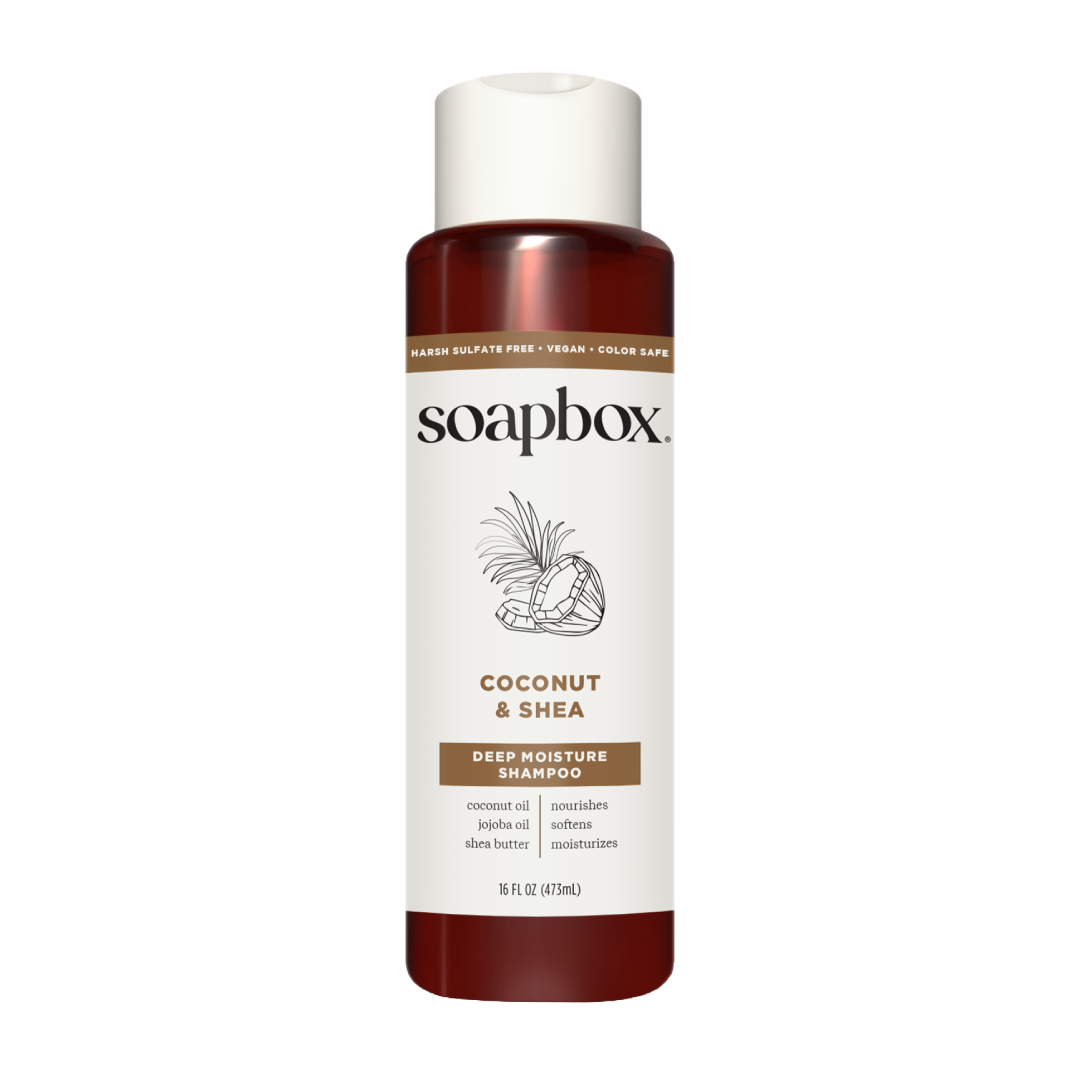 Soapbox Coconut & Shea Deep Moisture Shampoo bottle with white cap and burgundy label, 16 fl oz.