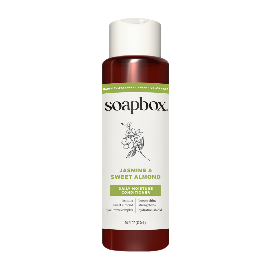 Soapbox Jasmine & Sweet Almond Daily Moisture Conditioner bottle with white cap and burgundy bands, 16 fl oz.