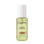 Soapbox Jasmine Pistachio hair fragrance mist in pale green bottle with white cap, labeled UV + Color Protection, 3.4 fl oz.