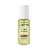 Soapbox Jasmine Pistachio hair fragrance mist in pale green bottle with white cap, labeled UV + Color Protection, 3.4 fl oz.
