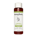 Soapbox Jasmine & Sweet Almond Daily Moisture Shampoo bottle with white cap and burgundy base, 16 fl oz.