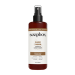 Soapbox Mane Tamer leave-in conditioner spray bottle with dark amber glass and black pump top, 8 fl oz.