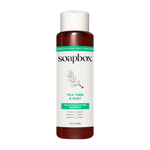 Soapbox Tea Tree & Mint Scalp Balancing Shampoo bottle with white cap and dark red liquid, 16 fl oz.
