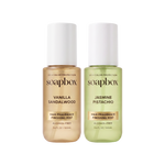 Two bottles of Soapbox hair finishing mist: beige Vanilla Sandalwood and green Jasmine Pistachio, 3.4 fl oz each, alcohol-fre