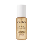 Soapbox Vanilla Sandalwood hair fragrance mist in a gold bottle with white cap, 3.4 fl oz.