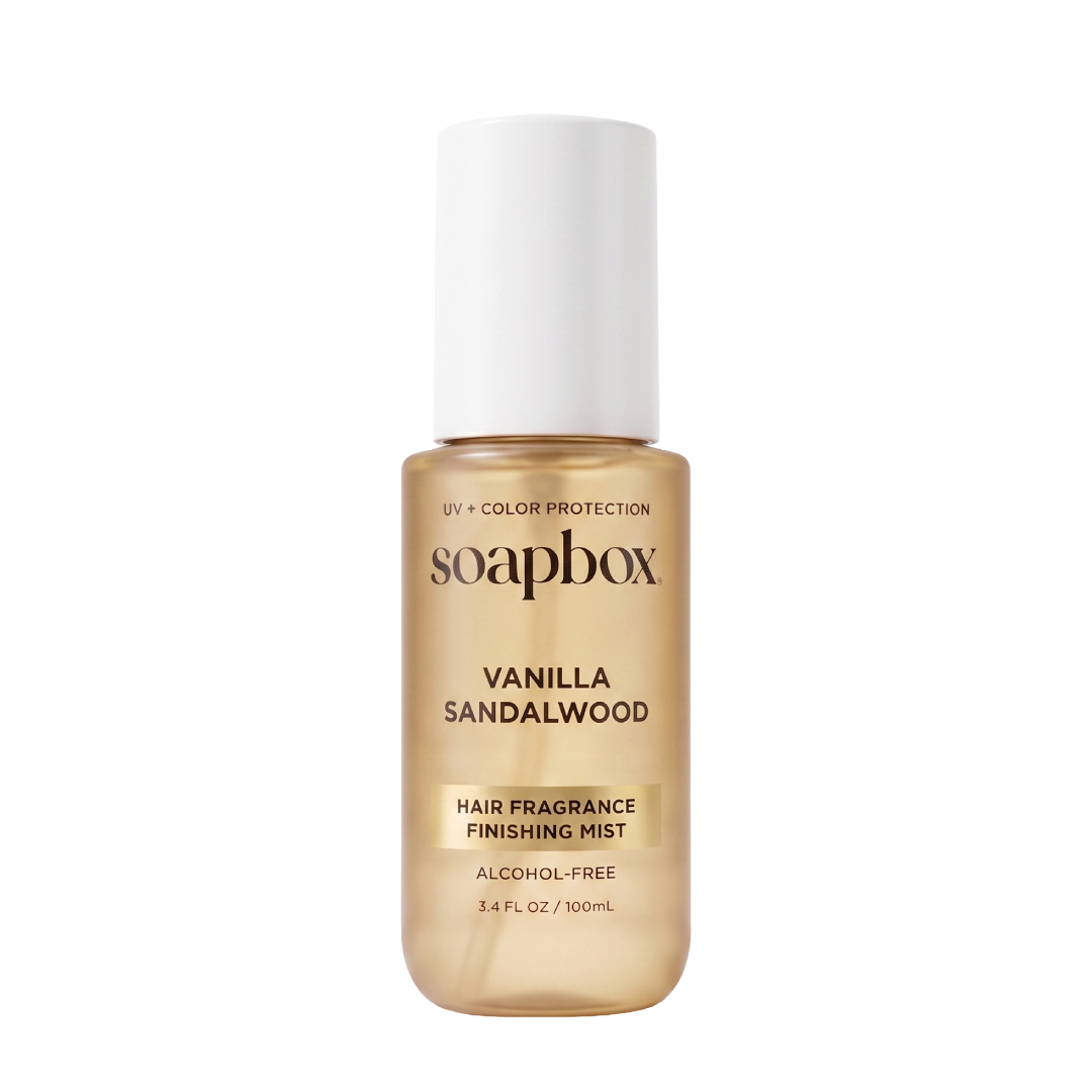 Soapbox Vanilla Sandalwood hair fragrance mist in a gold bottle with white cap, 3.4 fl oz.