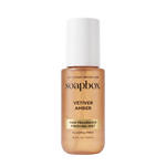 Soapbox Vetiver Amber hair fragrance mist in a 3.4 fl oz bottle with white cap and tan liquid.
