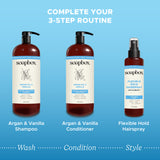 Two Soapbox pump bottles with argan oil and vanilla labels and one spray bottle of flexible hold hairspray on blue background