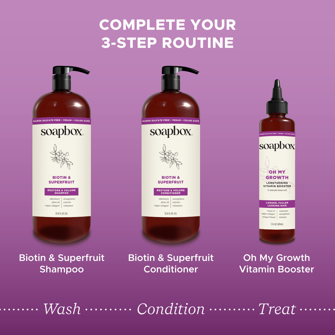 Soapbox Biotin & Superfruit Volumizing Conditioner in amber bottle with black pump dispenser, 33.8 fl oz.