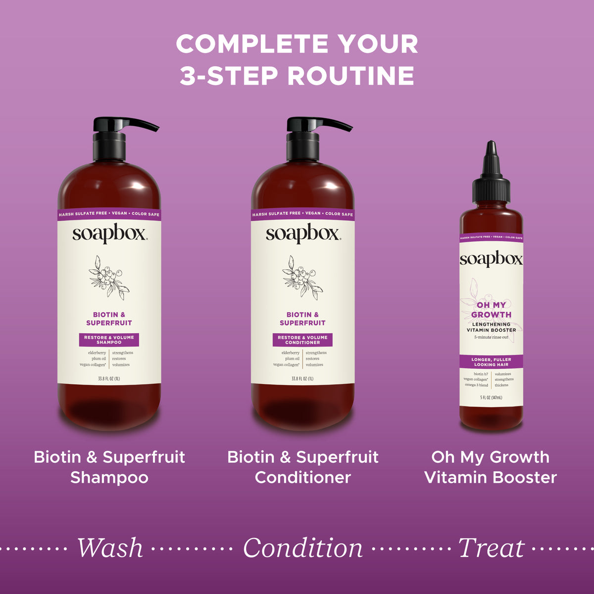 Soapbox Biotin & Superfruit Volumizing Conditioner in amber bottle with black pump dispenser, 33.8 fl oz.