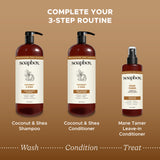 Two dark amber pump bottles labeled Soapbox Coconut & Shea shampoo and conditioner, with a smaller spray bottle of Mane Tamer