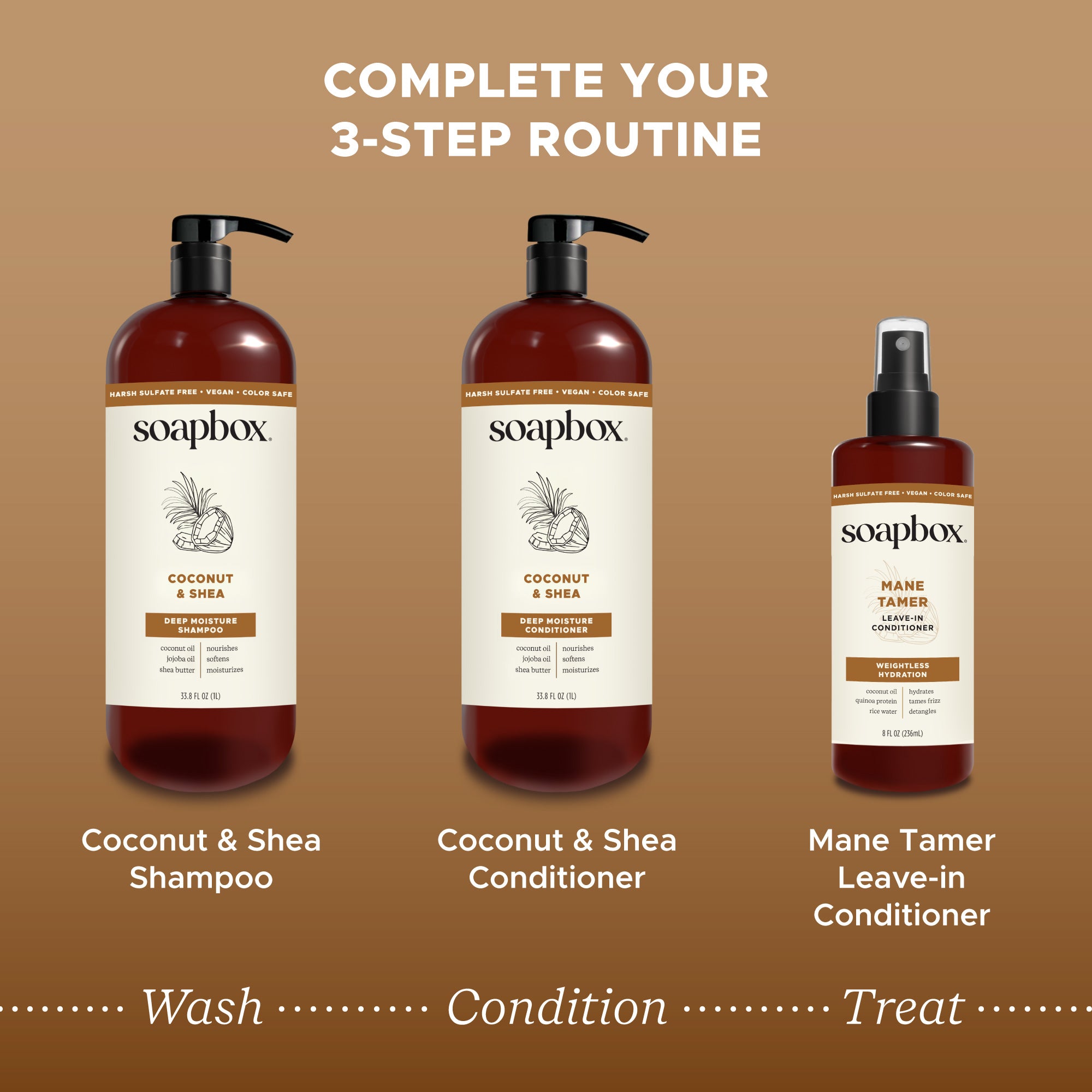 Three Soapbox haircare bottles: two large pump bottles of Coconut & Shea Shampoo and Conditioner, and one spray bottle of Man