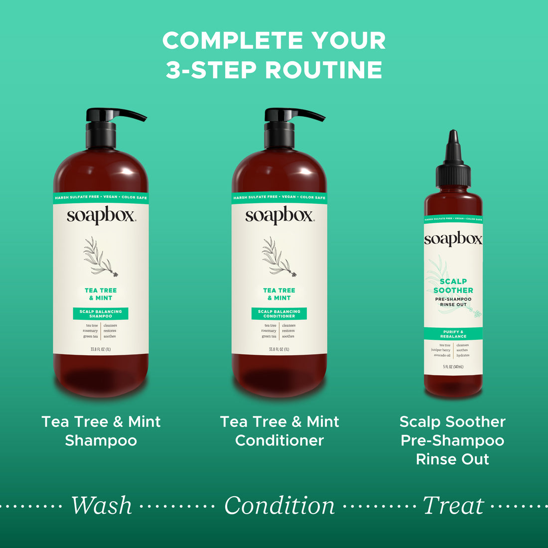 Soapbox Tea Tree & Mint Scalp Balancing Shampoo in amber bottle with black pump dispenser on turquoise background.