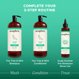 Soapbox Tea Tree & Mint Scalp Balancing Shampoo in amber bottle with black pump dispenser on turquoise background.