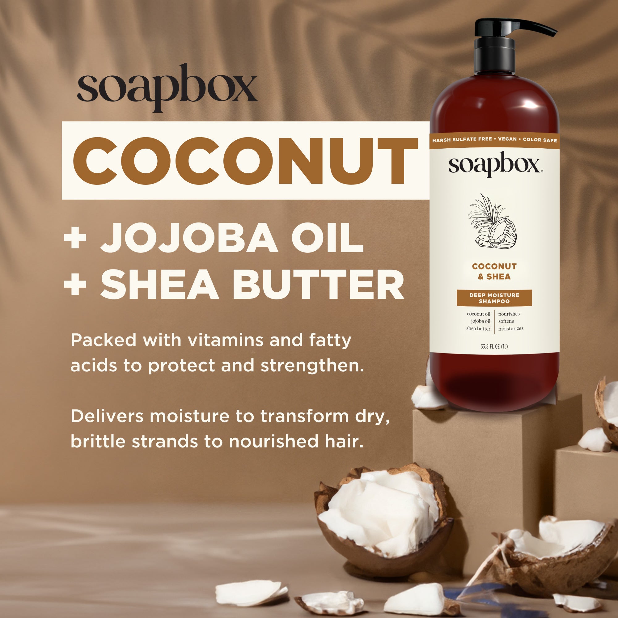 Soapbox coconut and shea deep moisture haircare in large amber pump bottle with coconut halves displayed.