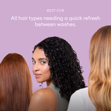 Three people with straight, wavy, and curly hair in various shades against a purple background.
