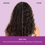 Split image showing long dark curly hair before and after treatment on pink background.