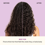Before and after comparison of long dark wavy hair on pink background showing increased volume and texture.