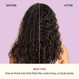 Before and after comparison of long dark wavy hair on pink background, showing fuller texture on right side.