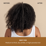 Split image showing curly hair before and after treatment, with left side appearing drier and right side appearing more defin