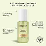 Pale green bottle with white cap labeled "Jasmine Pistachio Hair Fragrance Finishing Mist" by Soapbox, 3.4 fl oz.