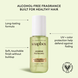 Pale green bottle with white cap labeled "Jasmine Pistachio Hair Fragrance Finishing Mist" by Soapbox, 3.4 fl oz.