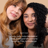 Two women with reddish-brown and black curly hair against a beige background.
