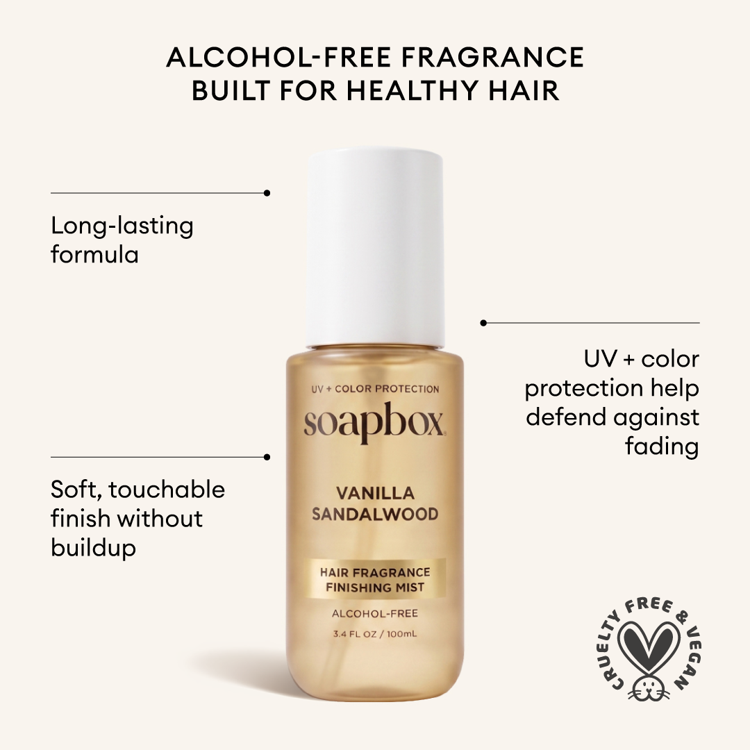 Soapbox vanilla sandalwood hair fragrance mist in gold bottle with white cap, 3.4 fl oz.