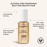 Soapbox vanilla sandalwood hair fragrance mist in gold bottle with white cap, 3.4 fl oz.