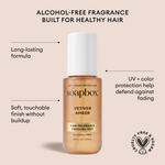 Soapbox Vetiver Amber hair fragrance mist in a 3.4 fl oz bottle with white cap on beige background.