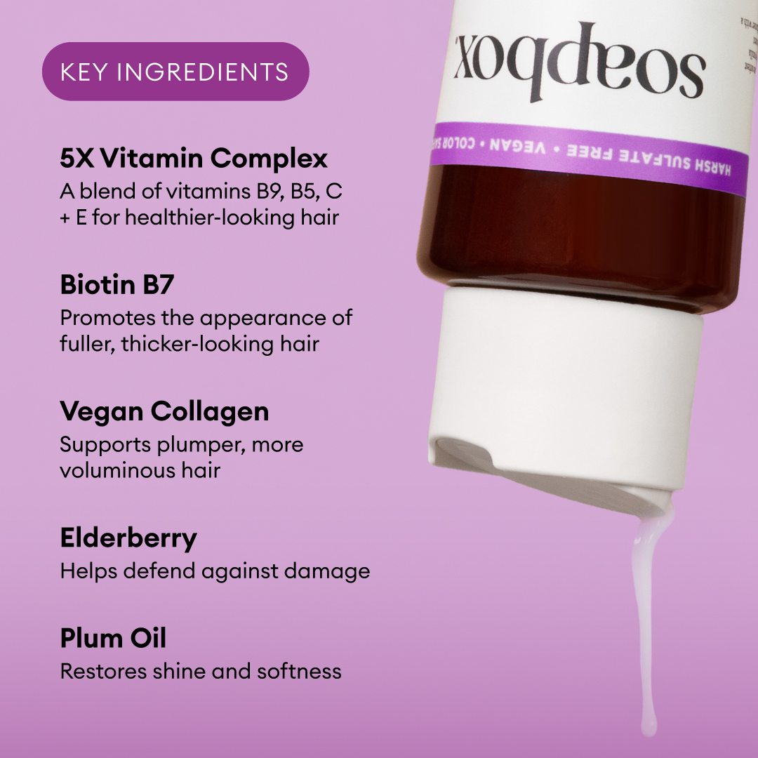 White bottle with purple band containing dark brown conditioner, accompanied by ingredient list on pink background.