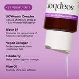 White bottle with purple band containing dark brown conditioner, accompanied by ingredient list on pink background.