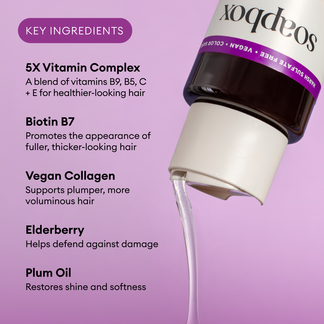 White bottle with purple cap dispensing clear liquid against pink background, displaying key ingredients text.