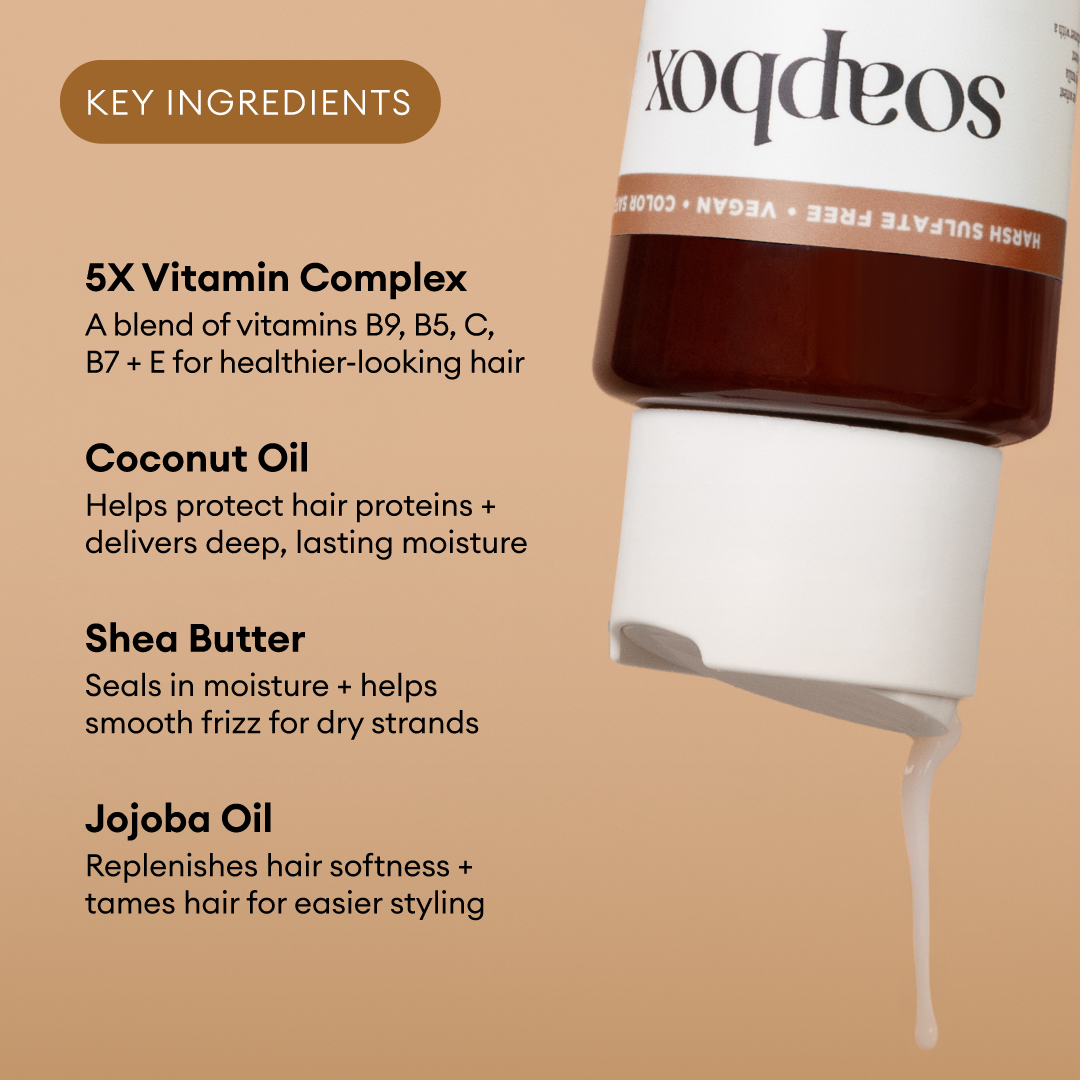 White bottle with brown band and cap dispensing cream-colored conditioner, displayed against beige background with ingredient