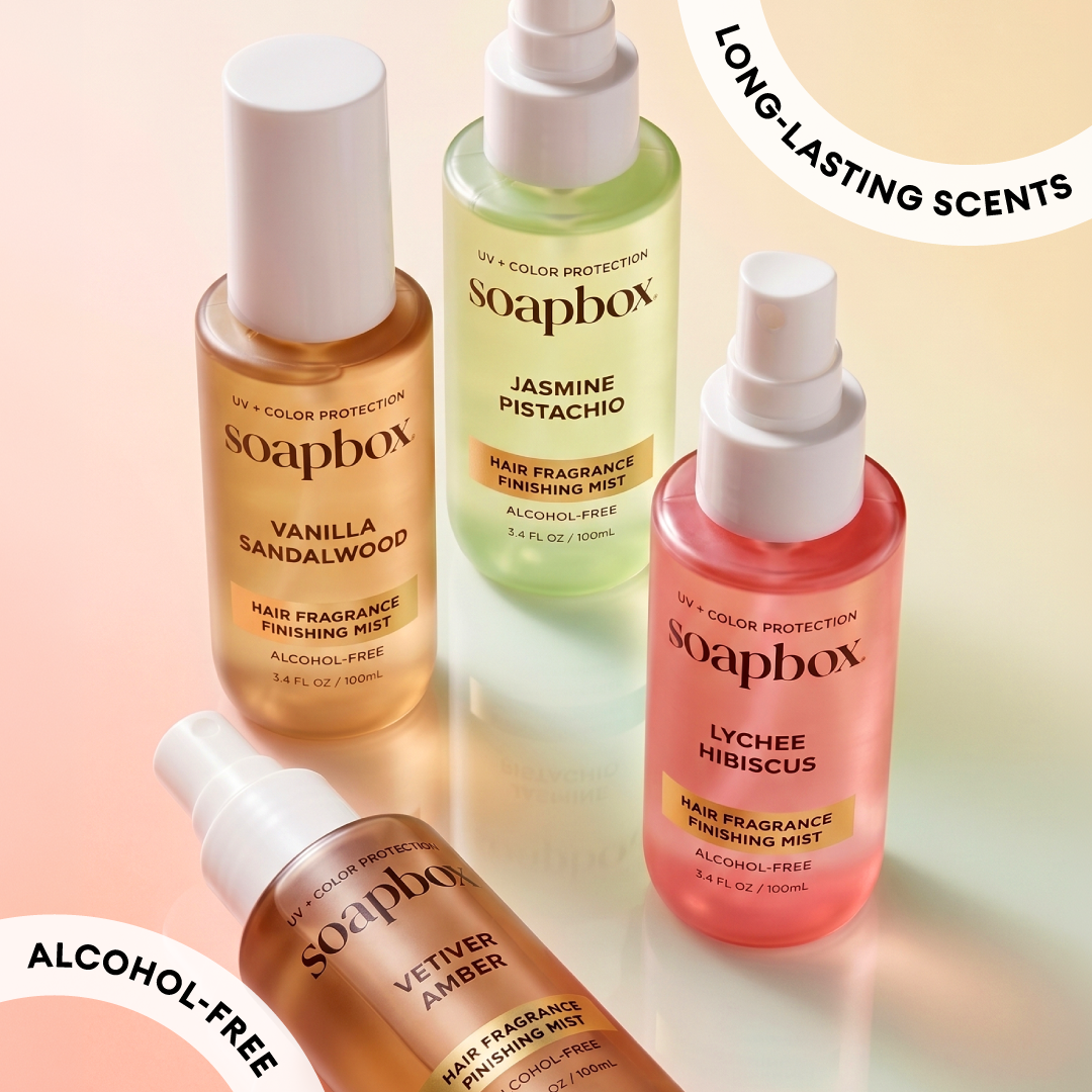 Four Soapbox hair fragrance finishing mists in vanilla sandalwood, jasmine pistachio, lychee hibiscus, and vetiver amber scen