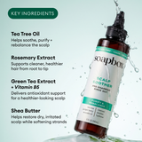 Dark glass bottle of Scalp Soother Rebalancing Rinse-Out with water splashing around it and ingredient list on left side.