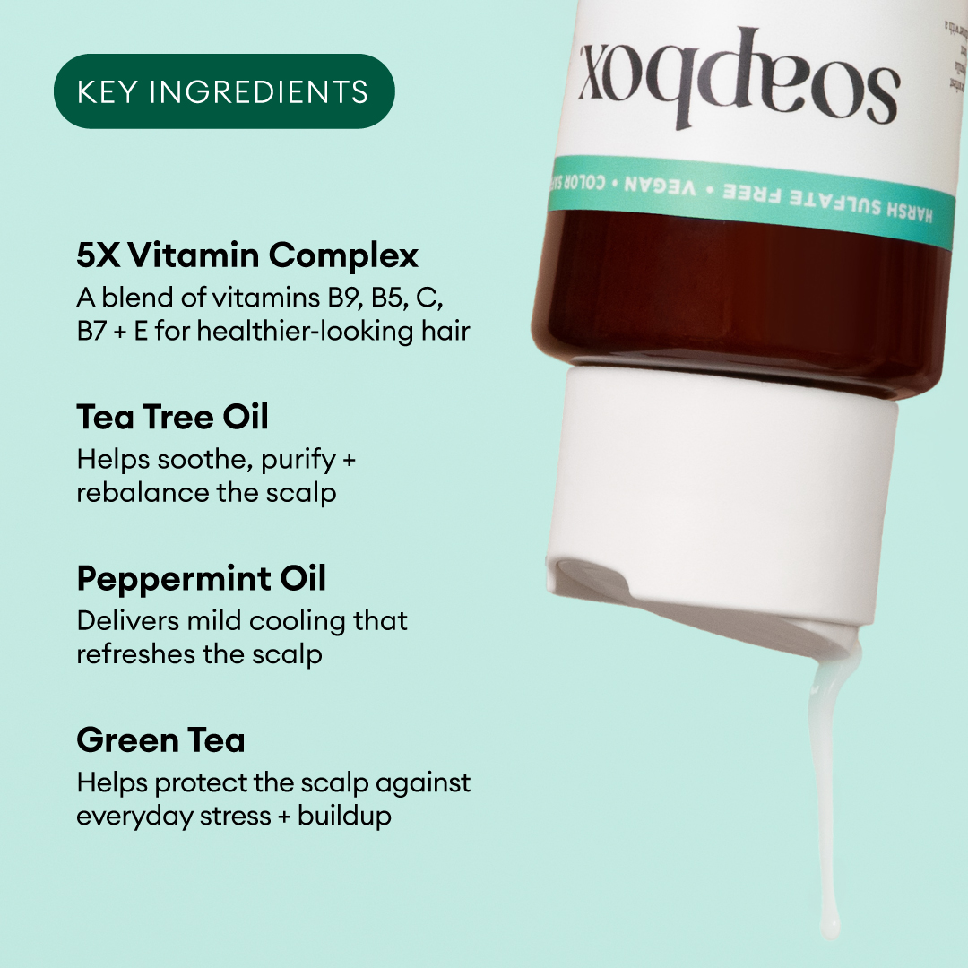 White and brown conditioner bottle with mint-green band and ingredient list on light turquoise background.