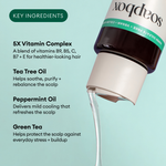 White bottle with dark cap and green band displaying key ingredients: vitamin complex, tea tree oil, peppermint oil, and gree