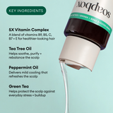 White bottle with dark cap and green band displaying key ingredients: vitamin complex, tea tree oil, peppermint oil, and gree