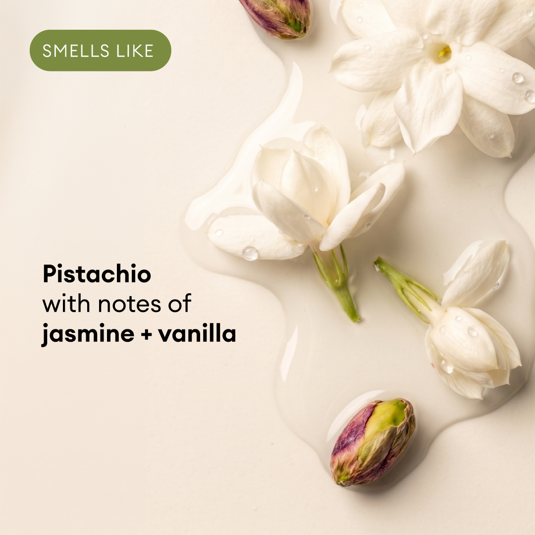 White jasmine flowers and pistachio buds arranged on a beige background with scent description text.
