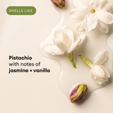 White jasmine flowers and pistachio buds arranged on beige background with scent description text.