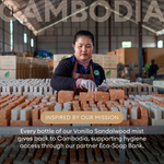 Worker arranging spray bottles on table in factory warehouse with "Cambodia" text overlay.