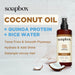 Soapbox Mane Tamer leave-in conditioner spray bottle with coconut oil and quinoa protein beside coconut halves.