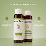 Soapbox shampoo and conditioner duo in dark glass bottles with white caps on sage green background.