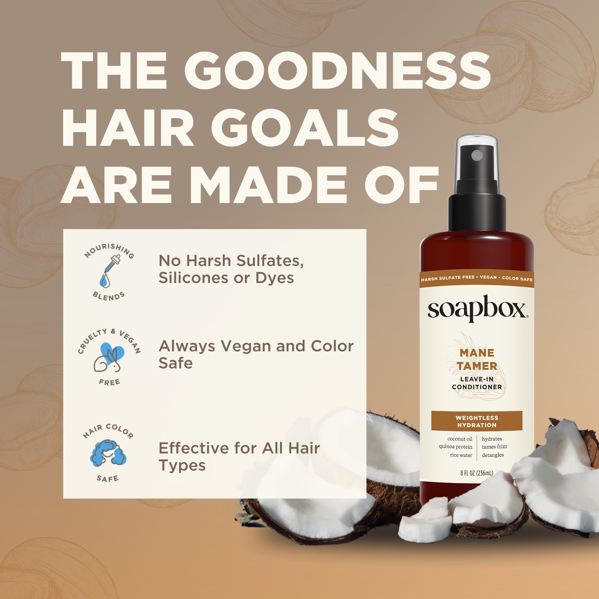 Soapbox Mane Tamer leave-in conditioner spray bottle displayed with coconut halves and product details on tan background.