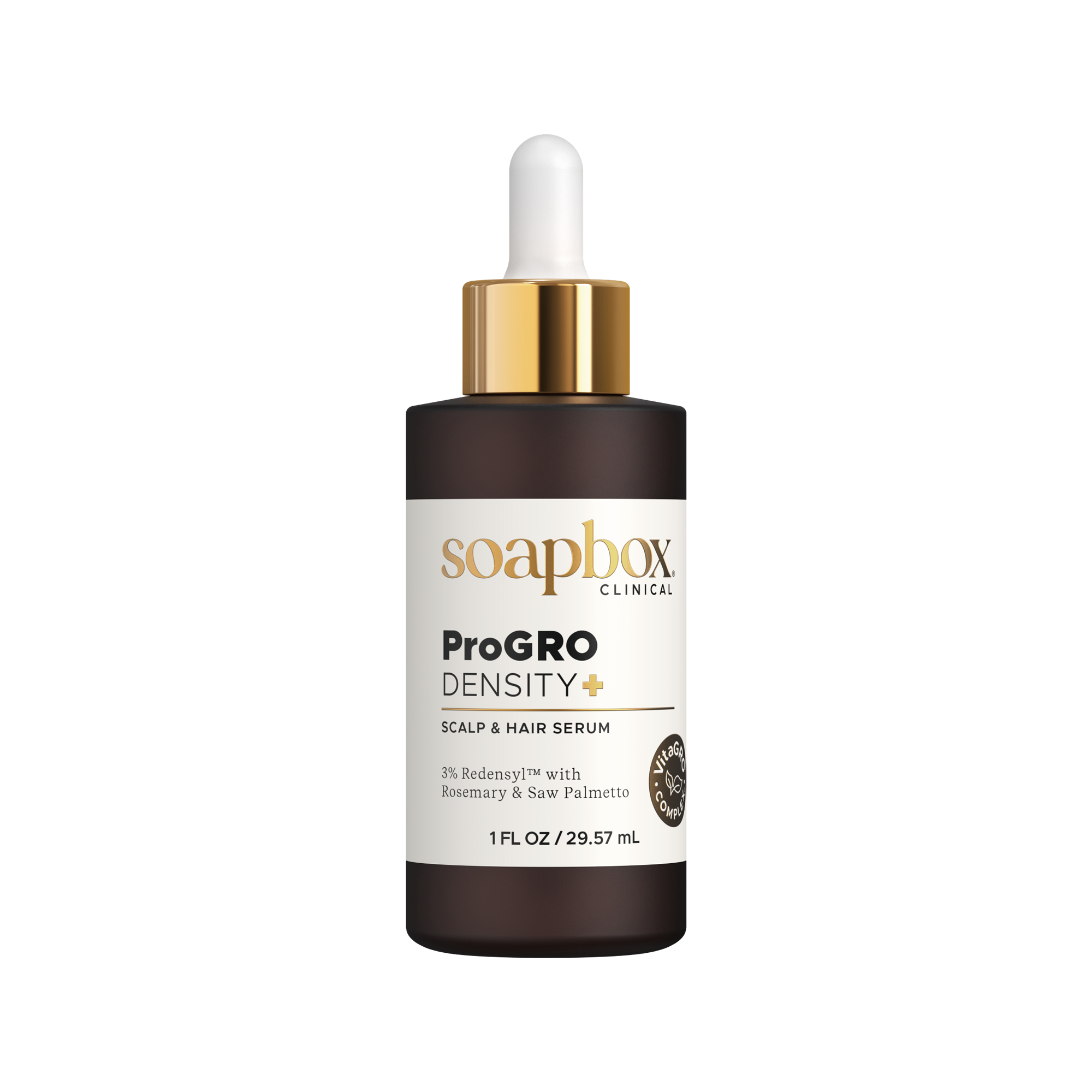 Soapbox ProGro Density+ scalp and hair serum bottle on a white background