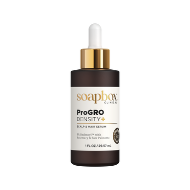 Soapbox ProGro Density+ scalp and hair serum bottle on a white background