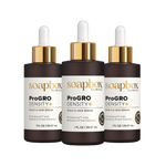 Three bottles of Soapbox ProGro Density Scalp and Hair Serum on a white background