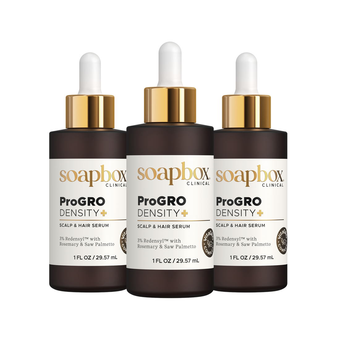 Three bottles of Soapbox ProGro Density Scalp and Hair Serum on a white background